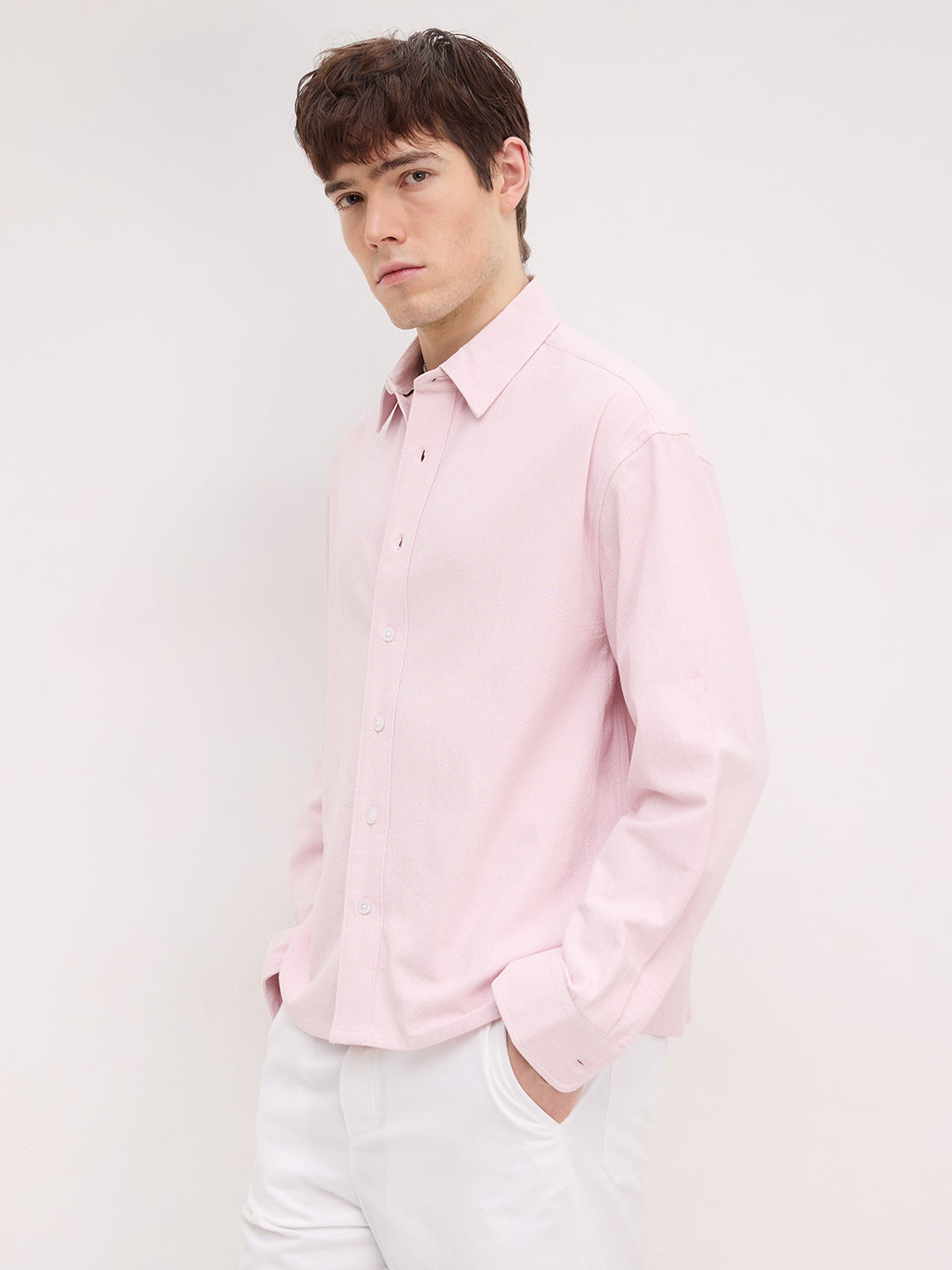 Refined Blush Pink Textured Boxy Fit Crop Shirt