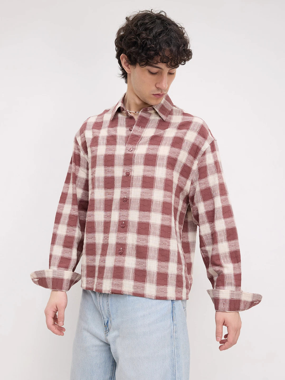 Vintage Maroon Handloom Inspired Checks Boxy Fit Crop Shirt
