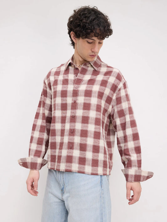 Vintage Maroon Handloom Inspired Checks Boxy Fit Crop Shirt