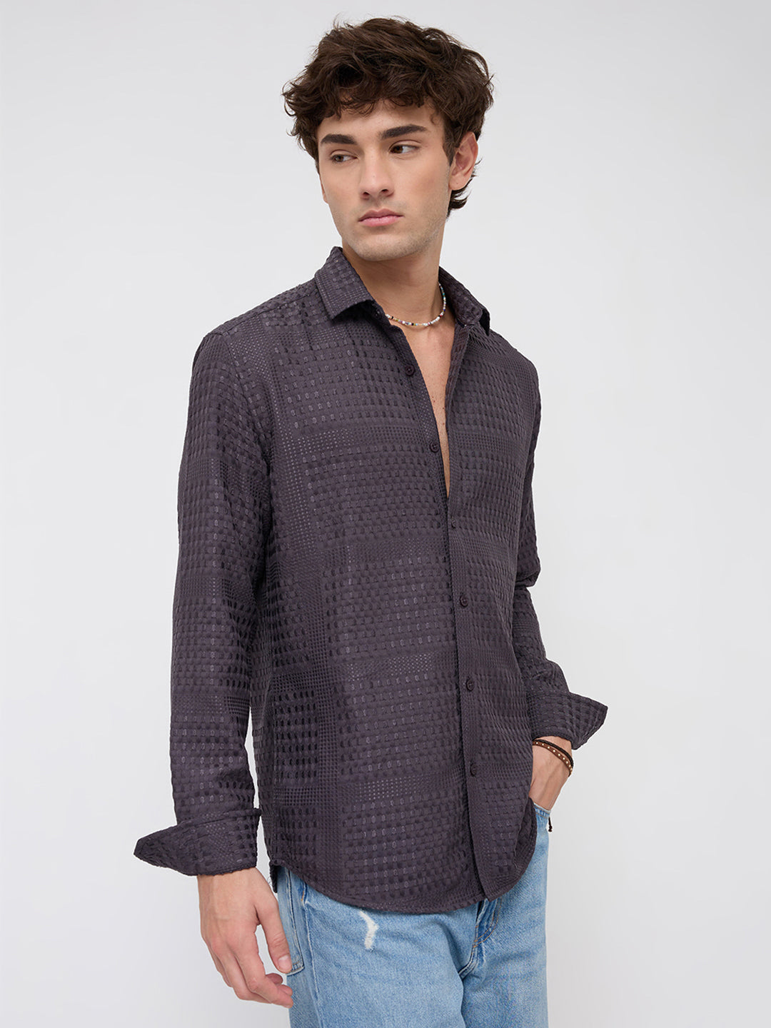 Charcoal Grey Geometric Grid Embossed Textured Shirt