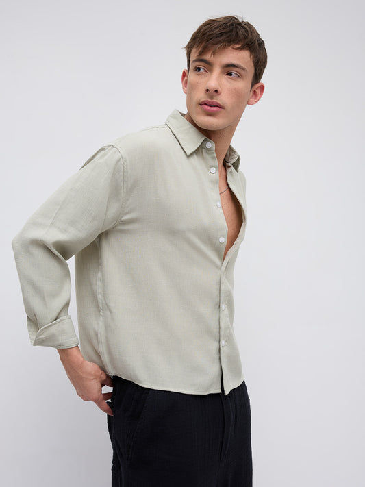 Sage Green Fine Weave Boxy Fit Crop Shirt