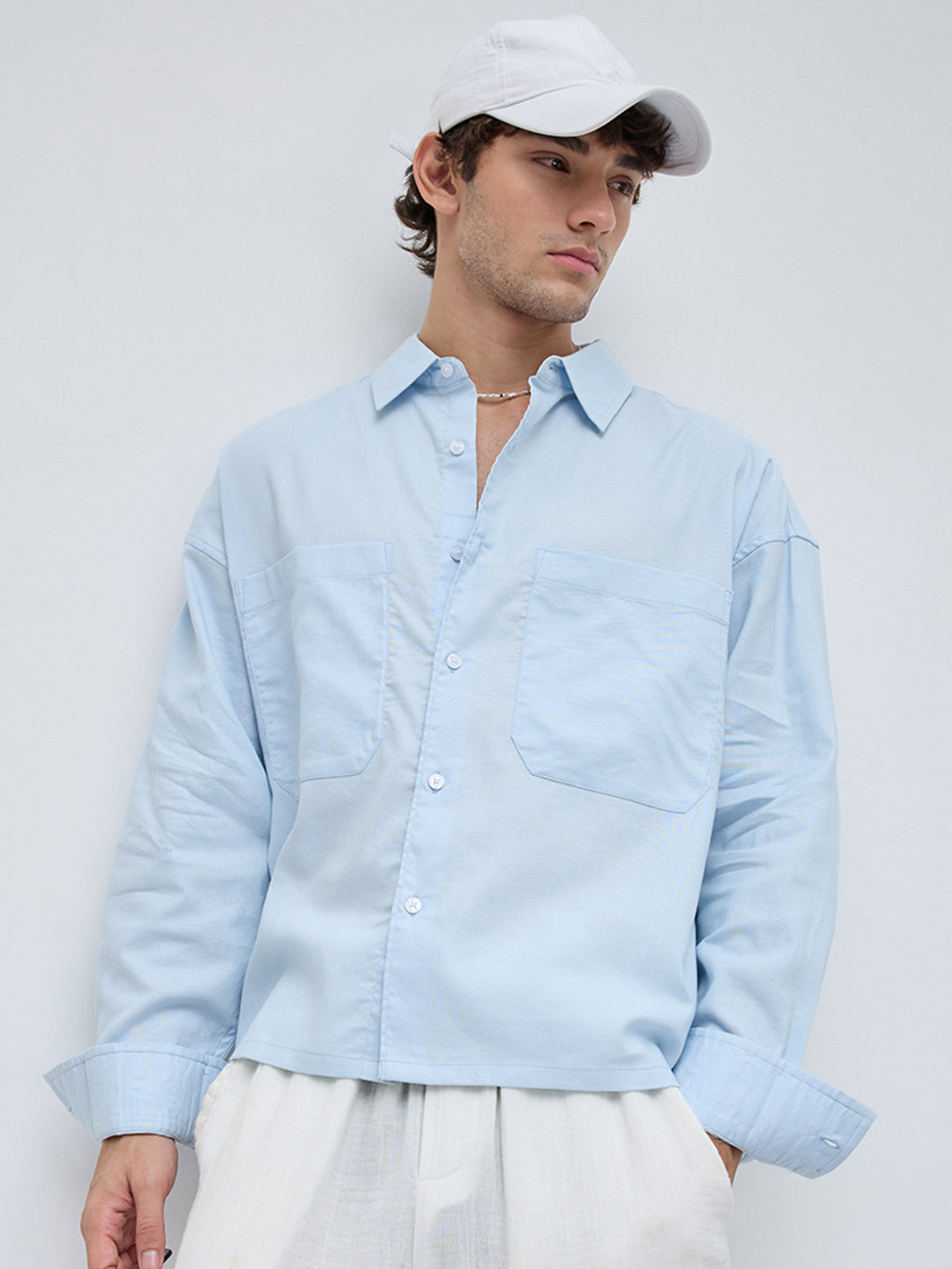 Light Blue Solid Double Pocket Boxy Fit Crop Shirt