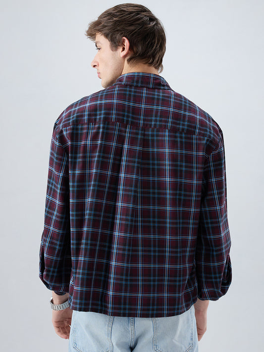 Brown & Blue Plaid Checks Cuffless Oversized Crop Shirt