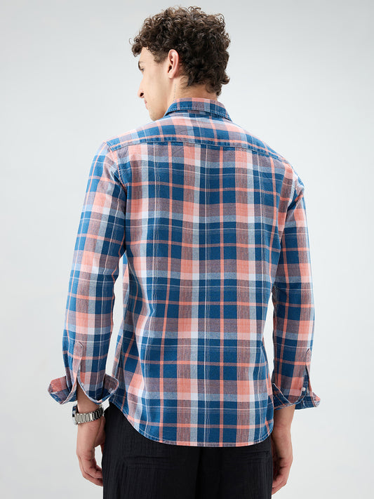 Denim Blue & Pink Multi Line Block Checks Shirt