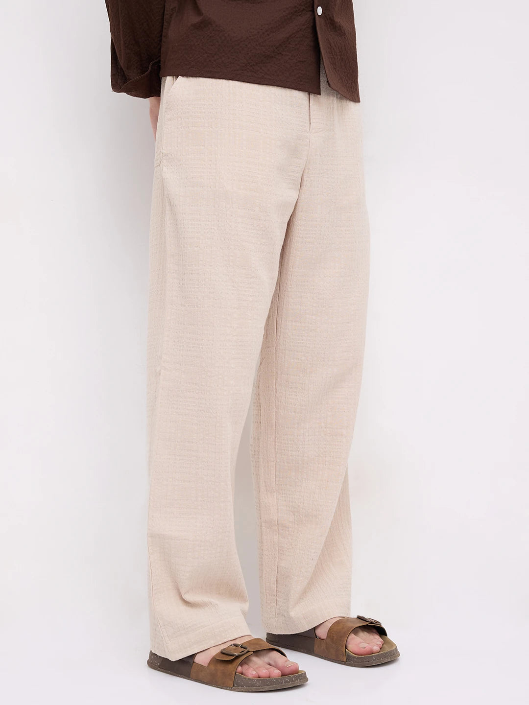Sand Beige Double Cloth Embossed Straight Fit Trousers