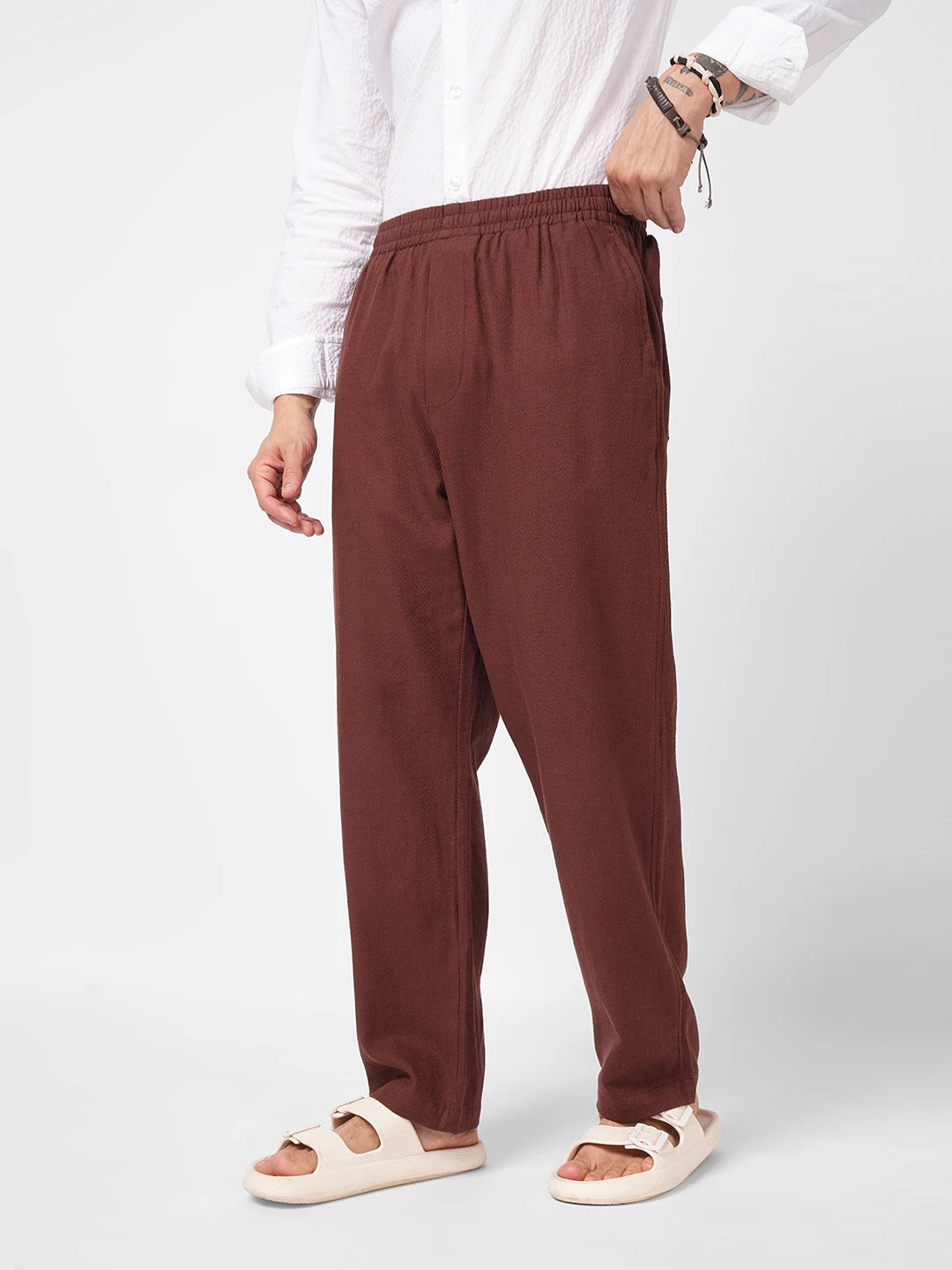 Brown Diagonal Twill Textured Tapered Trousers