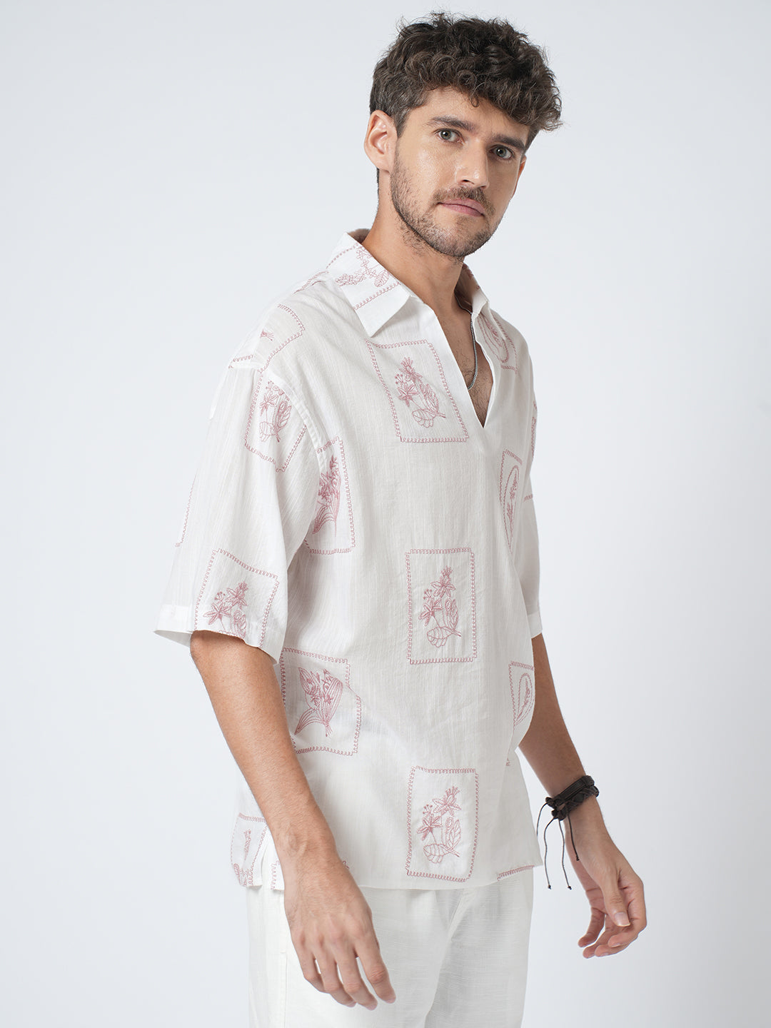 Old Rose Pink Floreal Frame Embroidery Polo Oversized Shirt