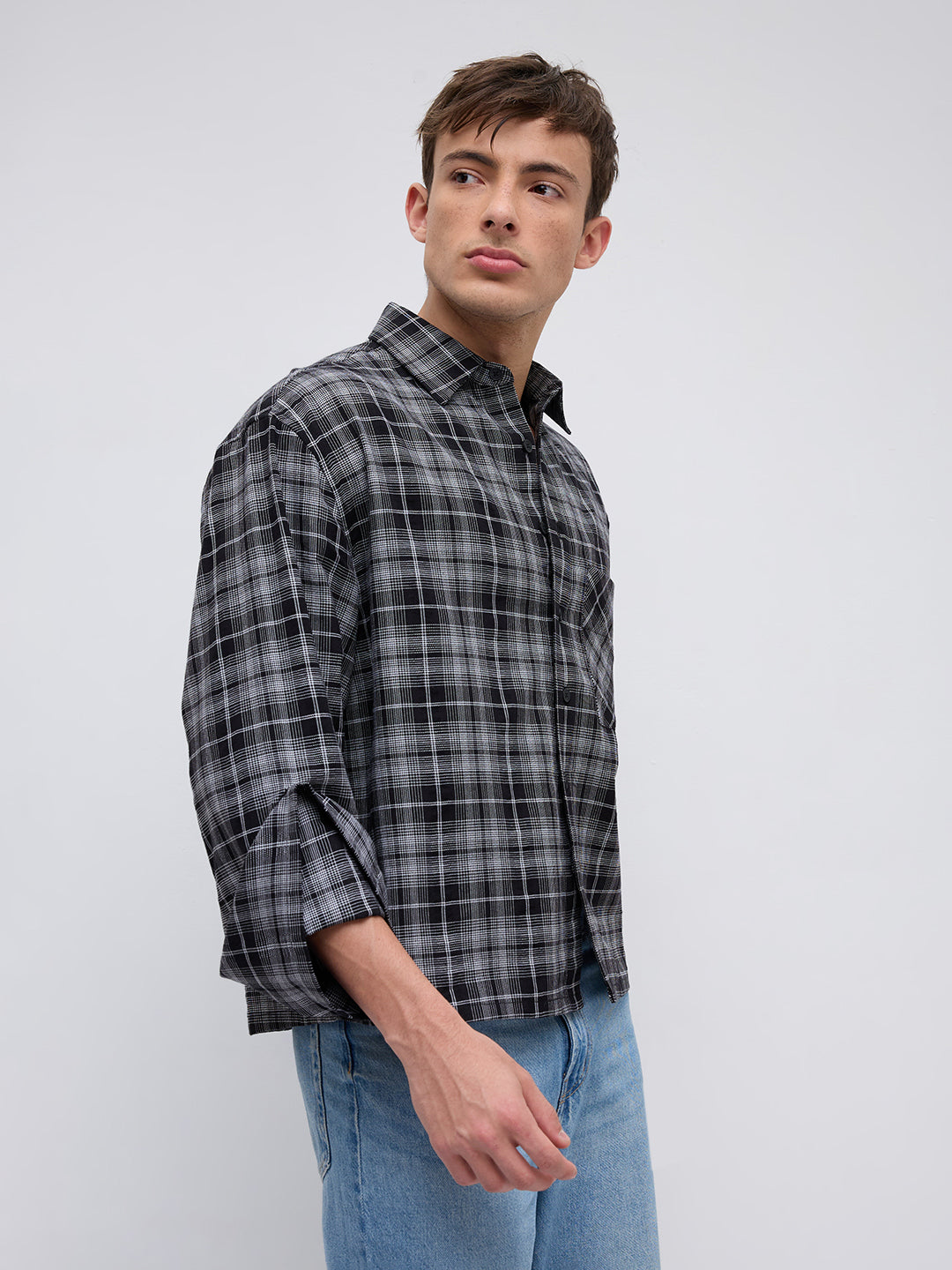 Eclipse Grid Fine Checks Cuffless Oversized Crop Shirt