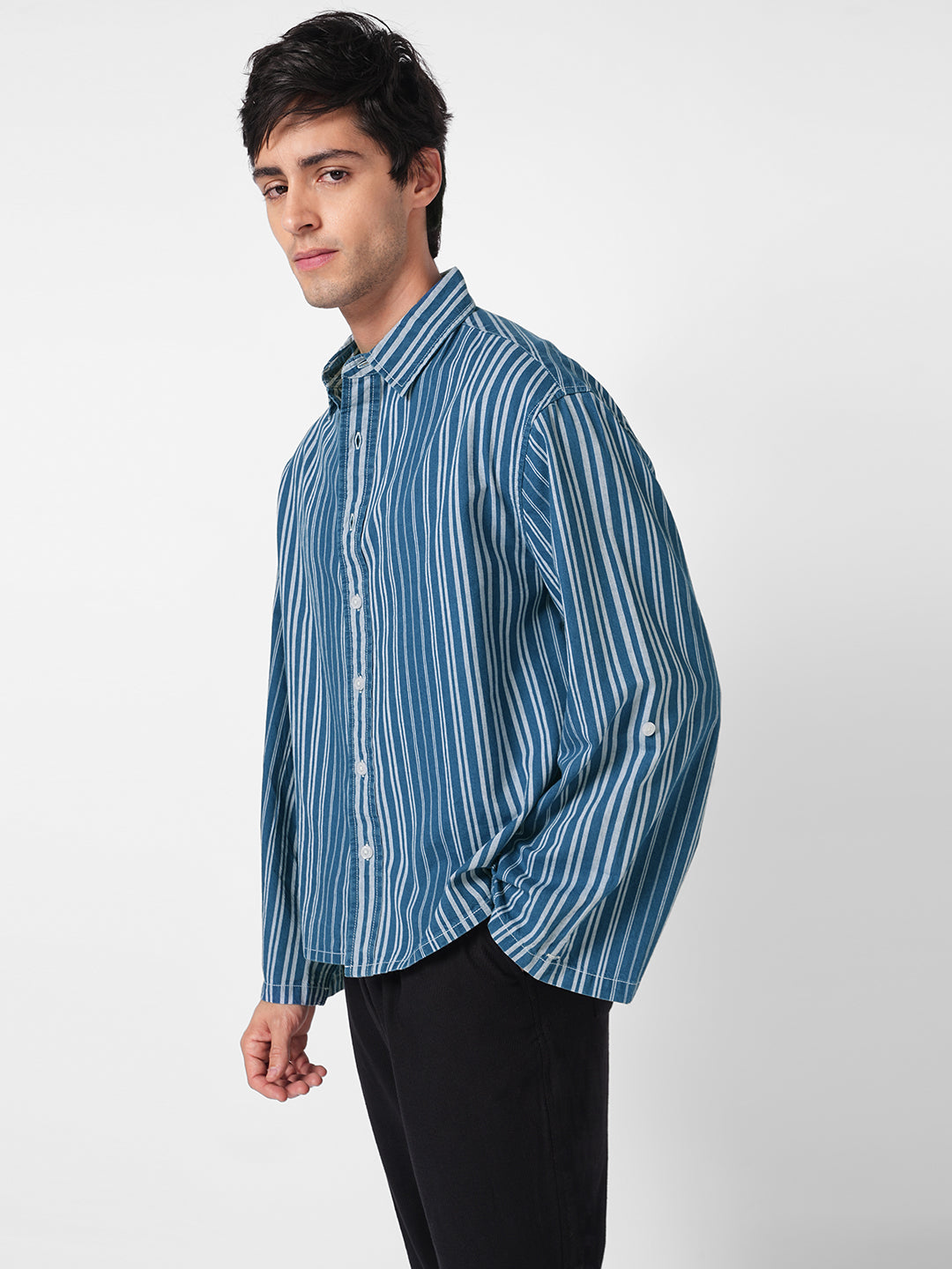 Denim Blue & White Bold Striped Cuffless Oversized Crop Shirt