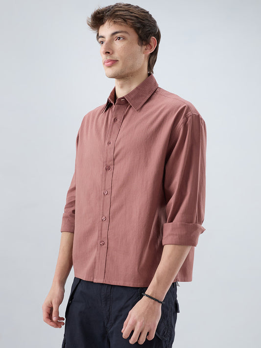 Dusty Brownish Pink Airy Striped Weave Boxy Fit Crop Shirt