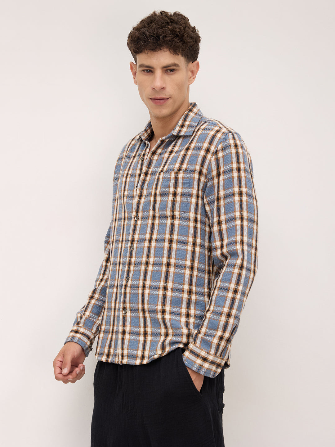 Ocean Blue Chevron Checkered Woven Shirt