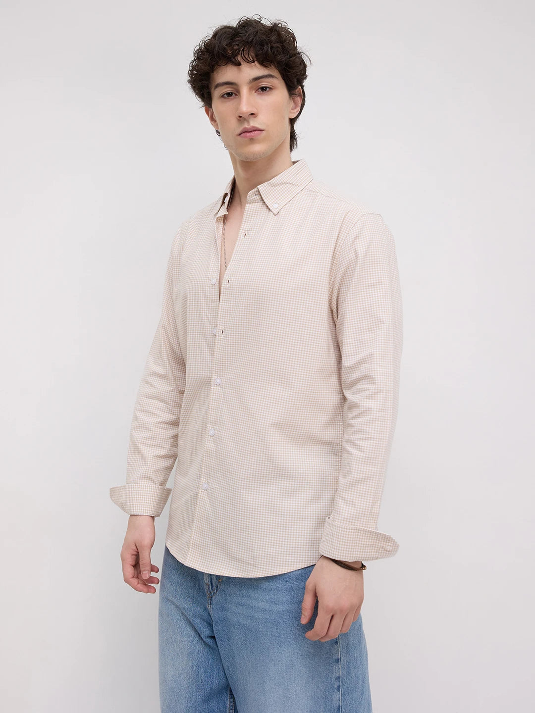 Sand Gingham Checks Button-Down Collar Business Shirt