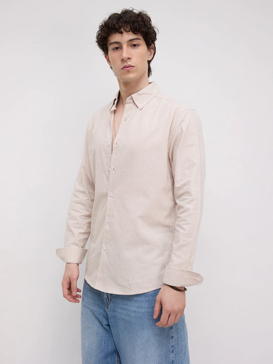 Sand Gingham Checks Button-Down Collar Oxford Business Shirt