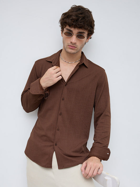 Rich Cocoa Knitted Textured Relaxed Shirt