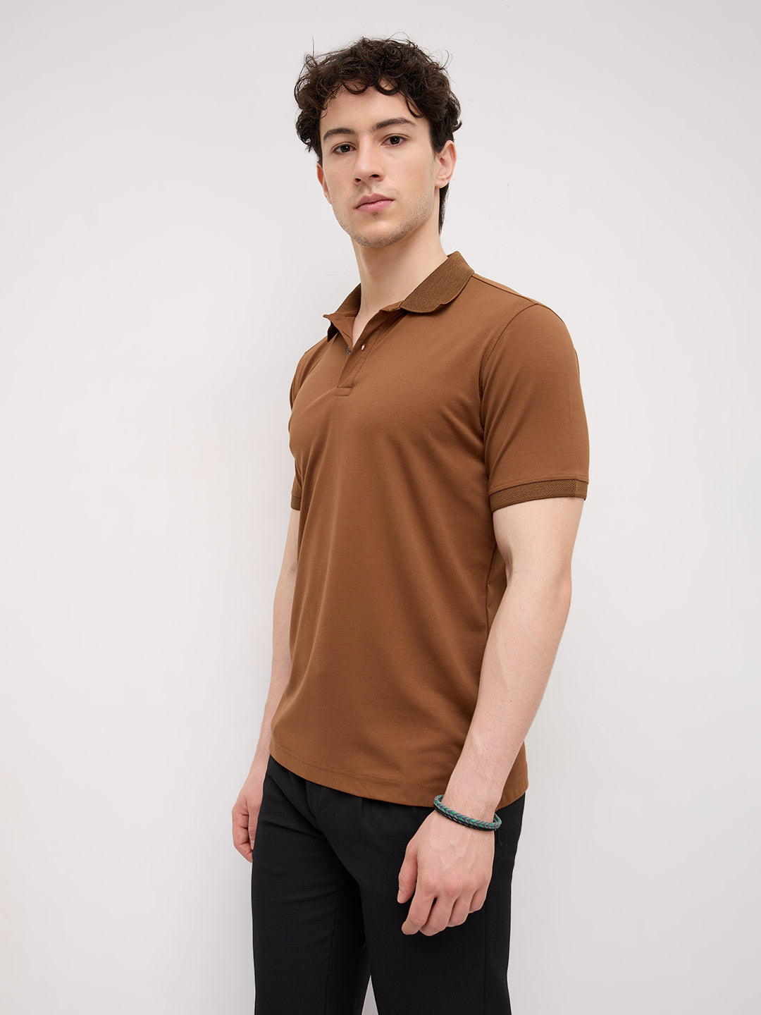 Solid Caramel Brown Honeycomb Polo Knit T-Shirt