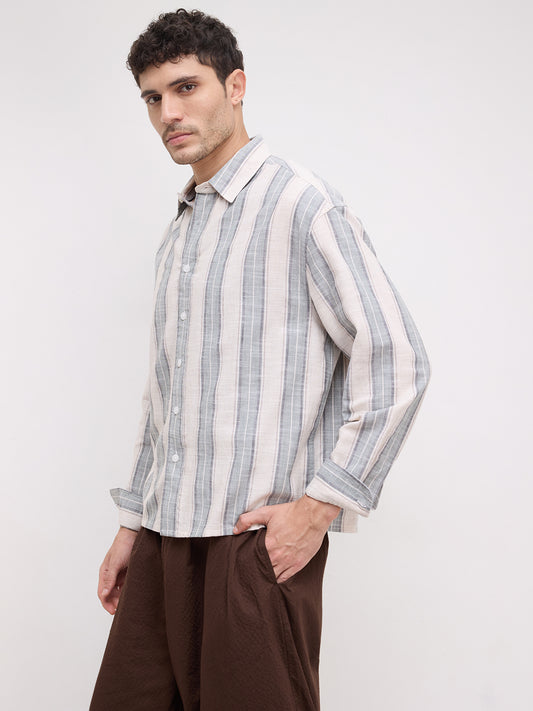 Sage Field Multitone Loomstriped Boxy Fit Crop Shirt