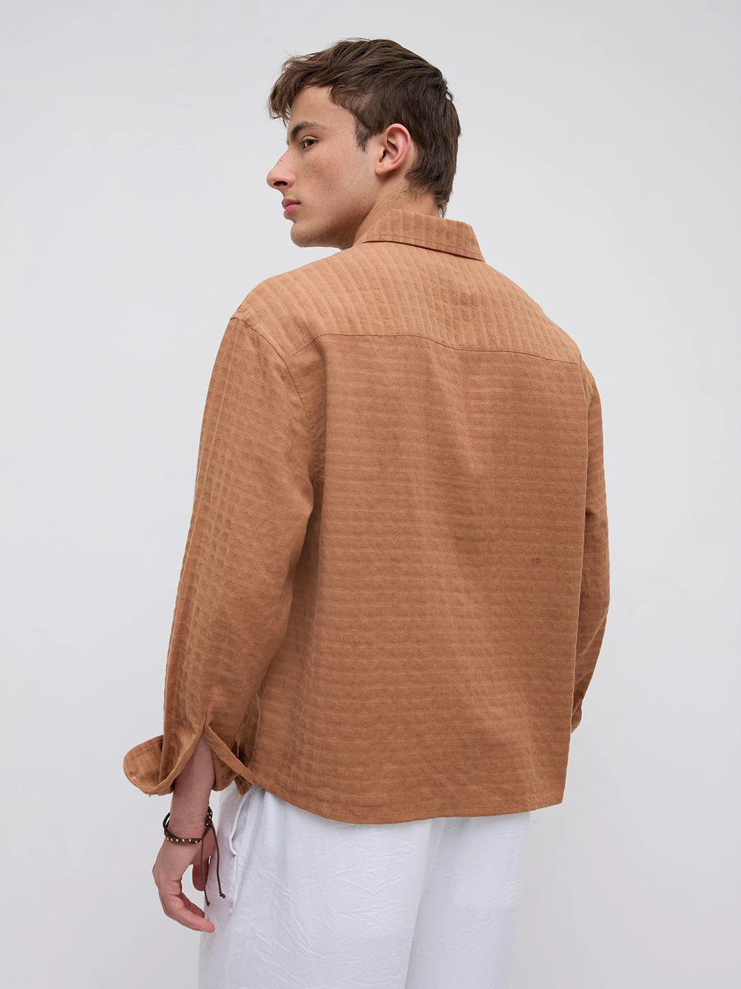 Burnt Ember Brown Block Weave Boxy Fit Crop Shirt