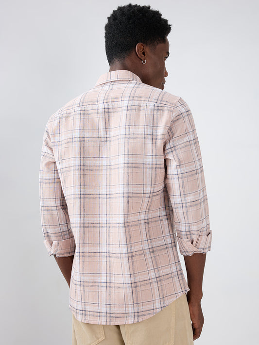Dusty Pink Contrast Plaid Checks Textured Shirt