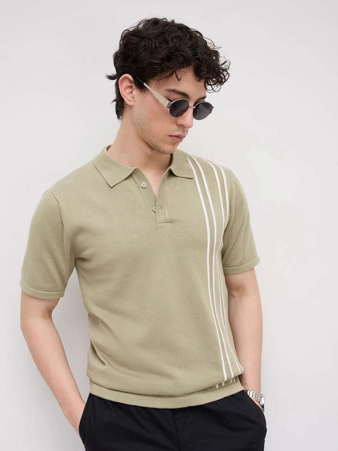 Sage Green Panel Striped Flat Knit Polo T-Shirt