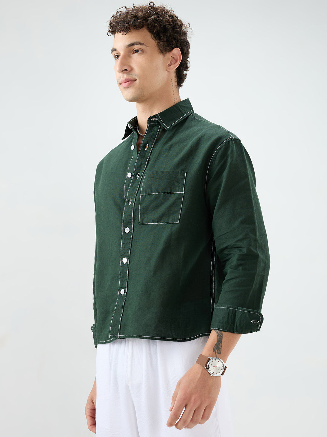 Luxe Sacramento Green Contrast Stitch Linen Blend Boxy Fit Crop Shirt