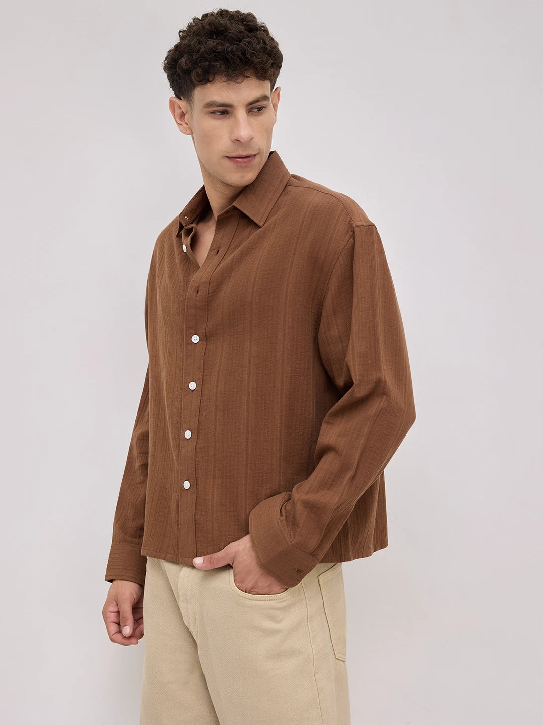 Cocoa Double Cloth Seersucker Striped Boxy Fit Crop Shirt