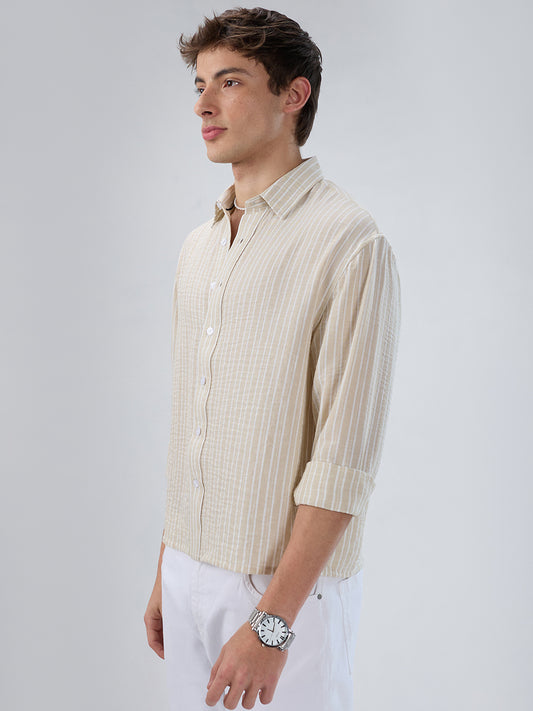 Beige Vertical Striped Crinkled Boxy Fit Crop Shirt