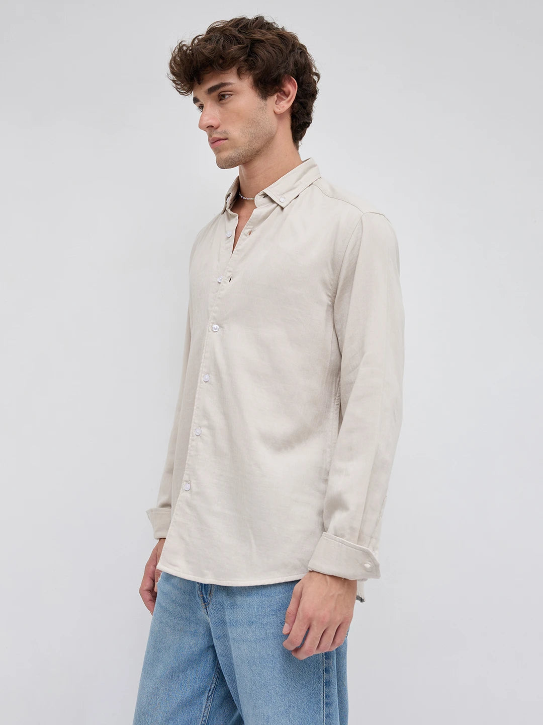 Creamy Beige Herringbone Textured Button-Down Shirt