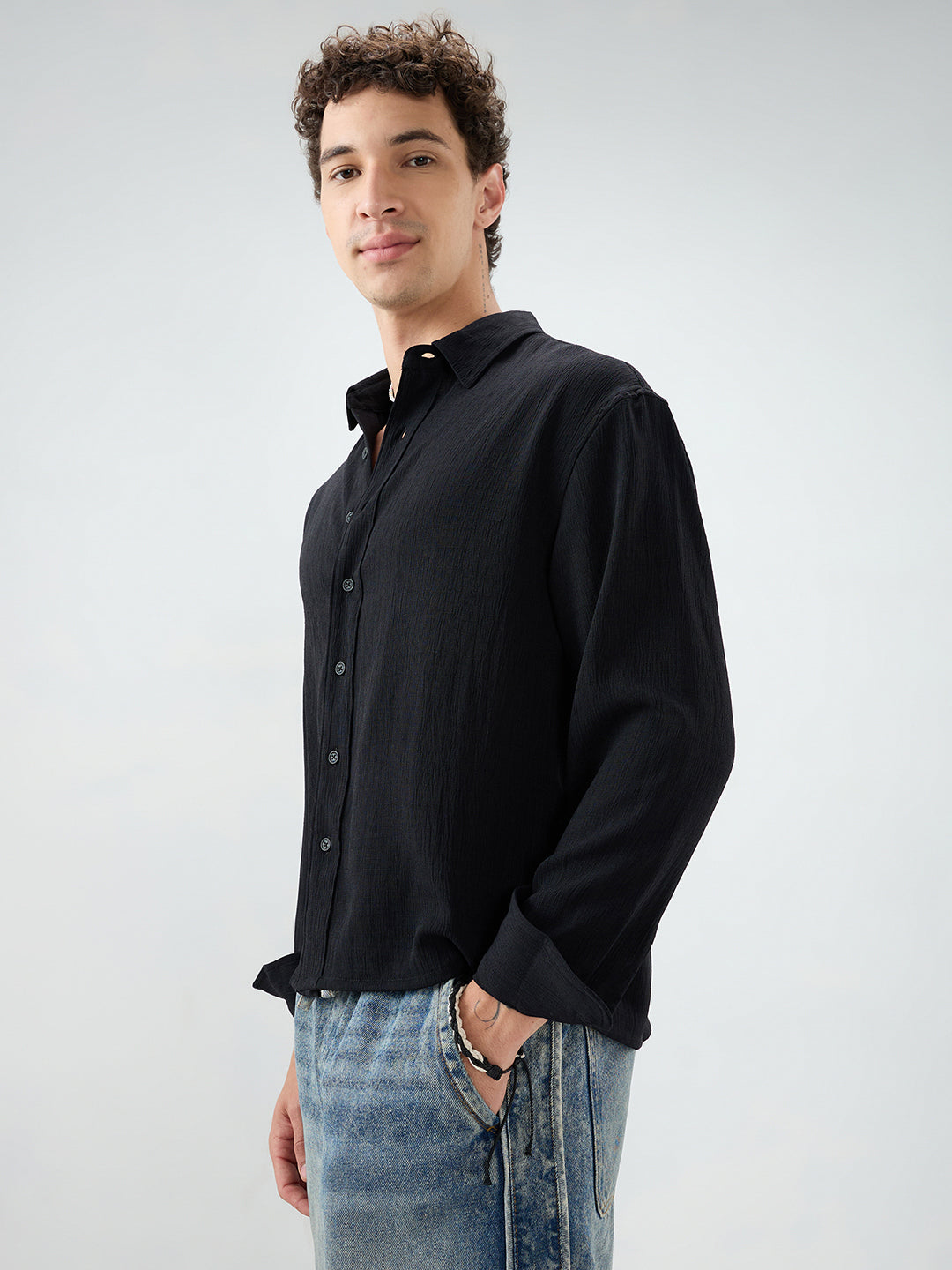 Classic Black Slub Textured Fine Weave Boxy Fit Crop Shirt