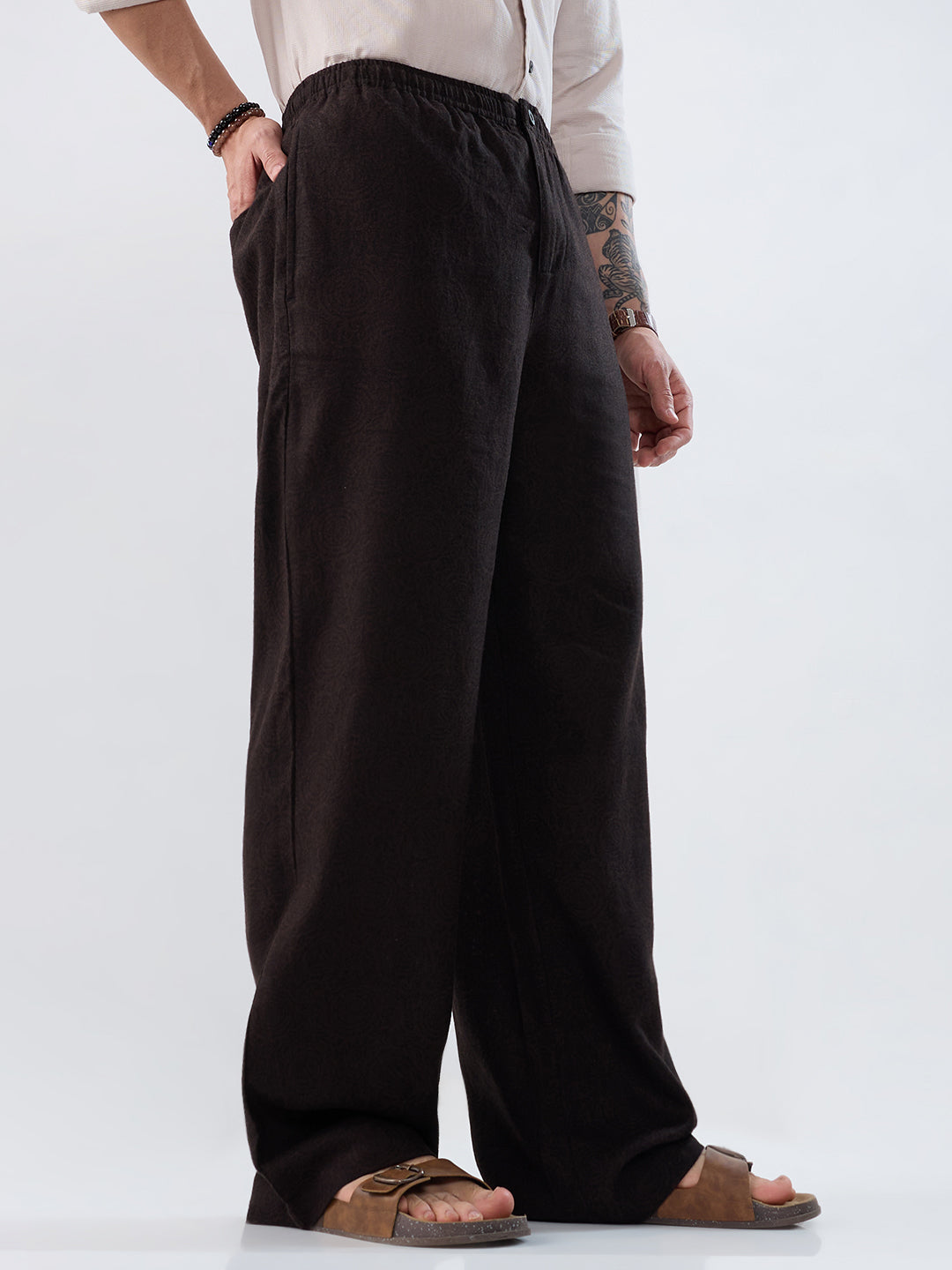 Brown Linen Blend Motif Printed Wide-Leg Trousers
