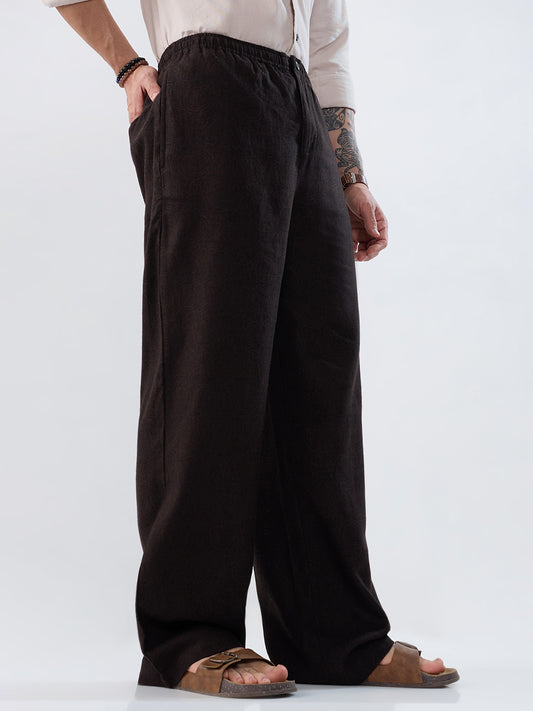 Brown Linen Blend Motif Printed Wide-Leg Trousers