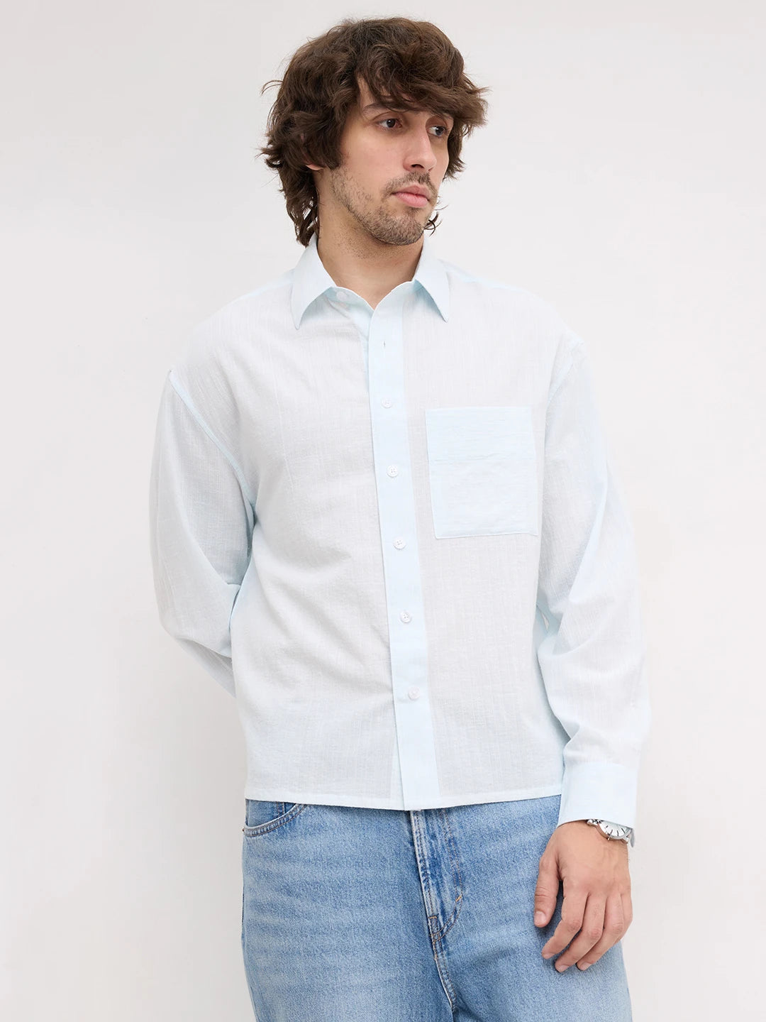 Ice Blue Fine Striped Textured Boxy Fit Crop Shirt