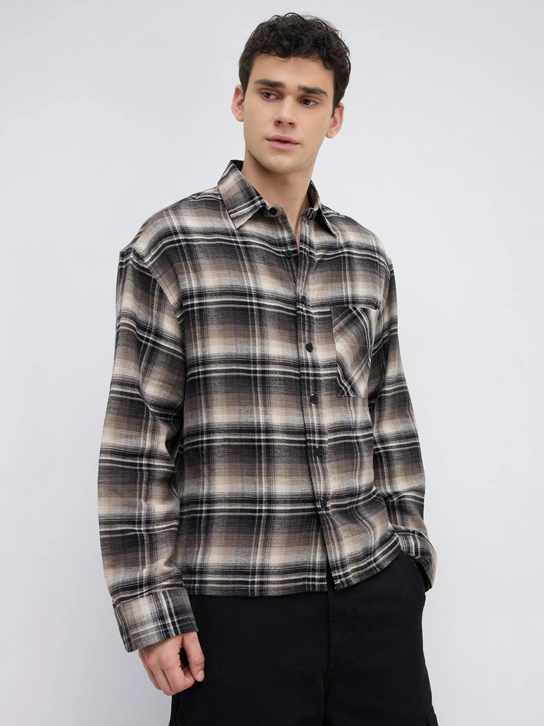 Rich Black & Brown Winter Plaid Shadow Checks Flannel Boxy Fit Crop Shirt