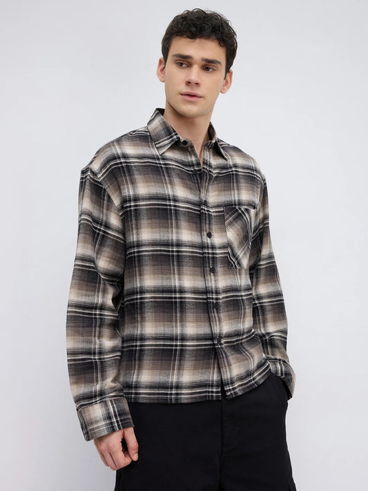 Rich Black & Brown Winter Plaid Shadow Checks Flannel Boxy Fit Crop Shirt