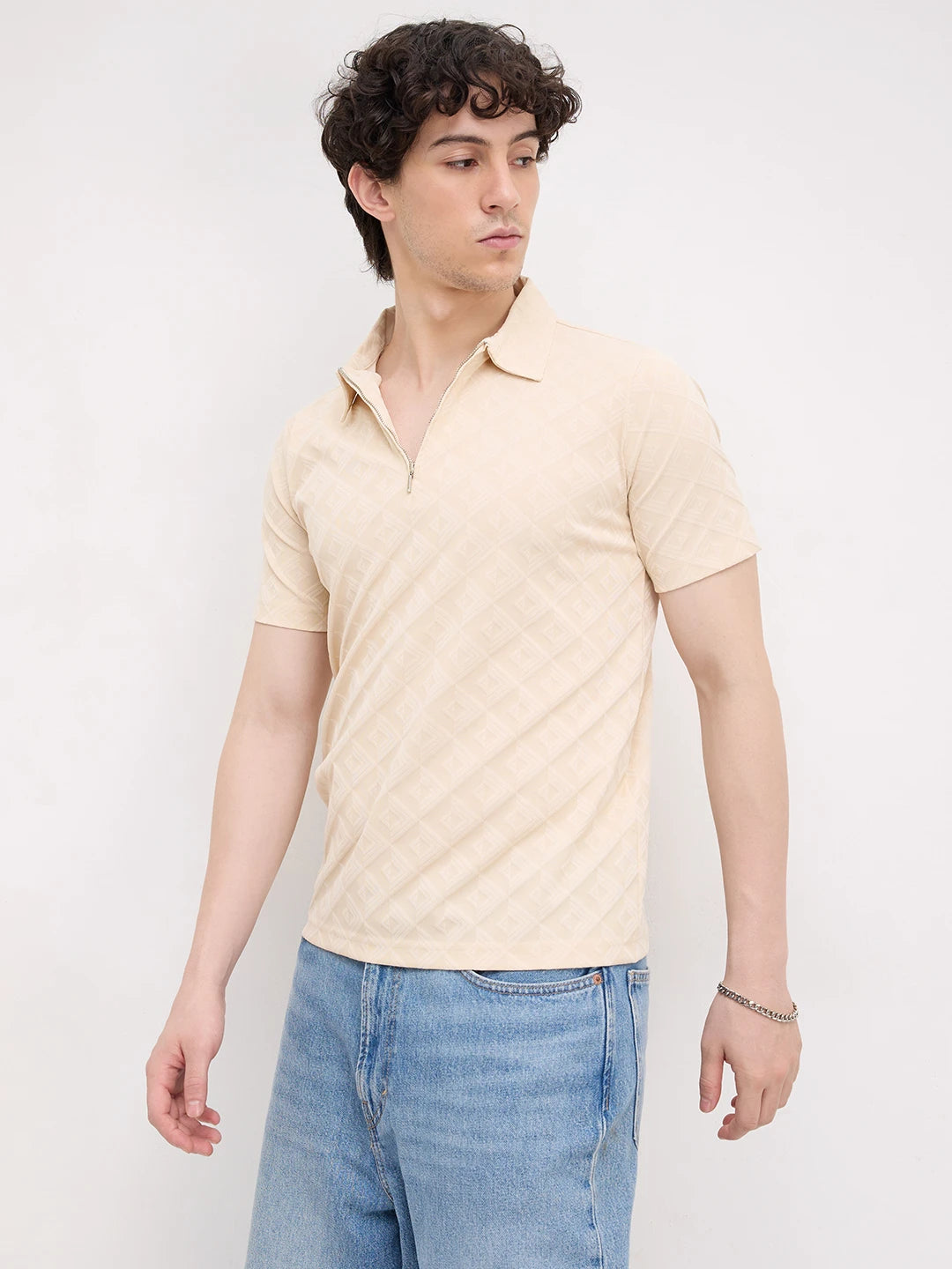 Cream Diamond Embossed Zip Polo Tee