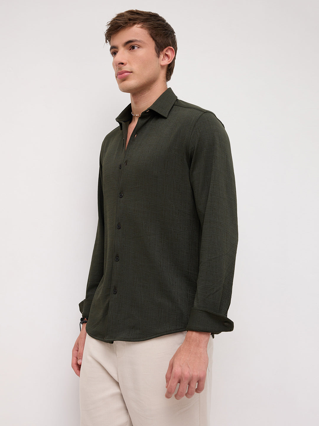 Dense Forest Green Mini Checks Textured Knitted Shirt