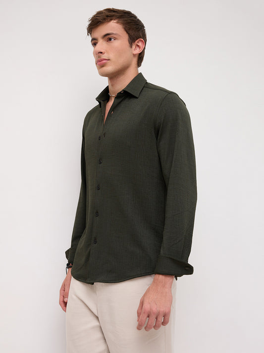 Dense Forest Green Mini Checks Textured Knitted Shirt