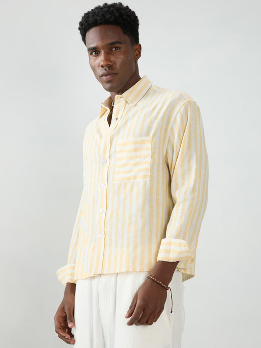 White & Yellow Balanced Striped Boxy Fit Crop Shirt