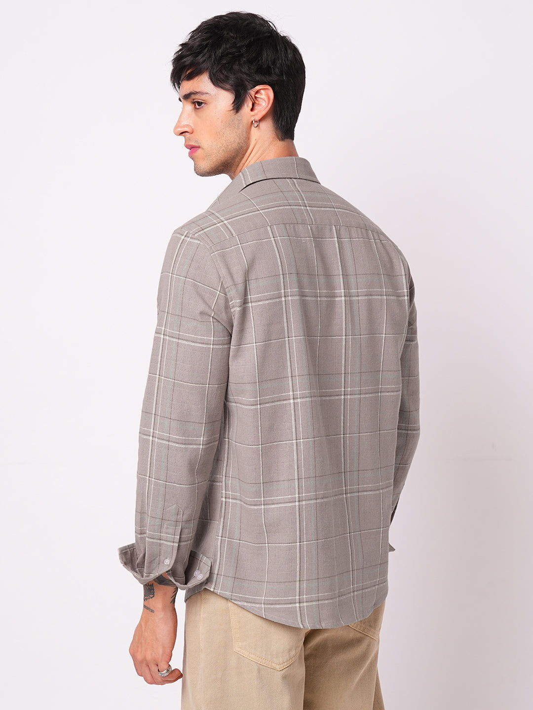 Elegant Taupe Brown Windowpane Checks Shirt
