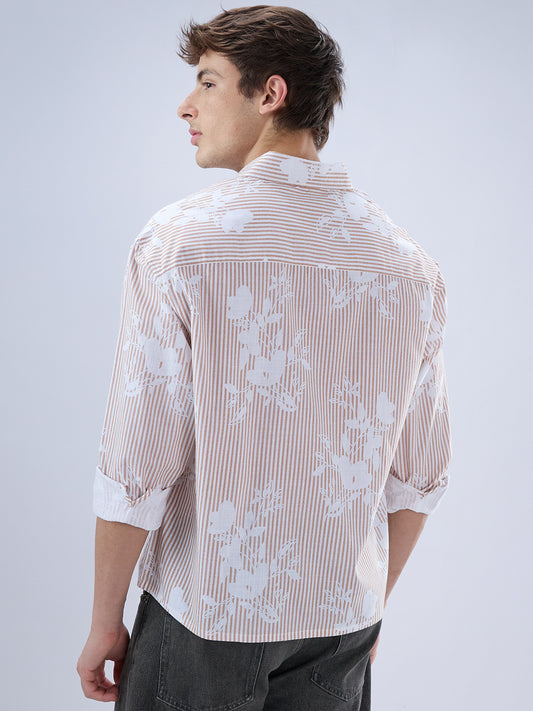 Brown & White Contemporary Floral Boxy Fit Crop Shirt