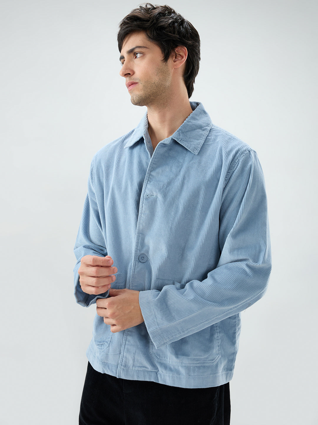Exquisite Blue Corduroy Double Pocket Oversized Shacket