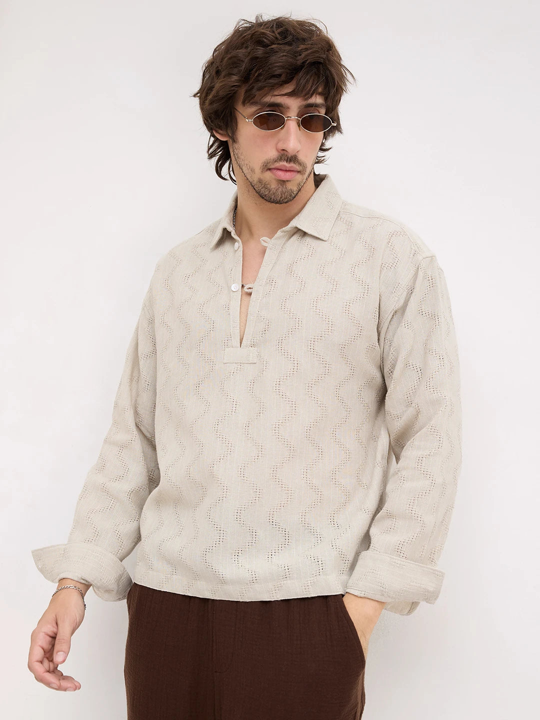 Ash Grey Intricate Crossweave Jacquard Loop Button Oversized Shirt