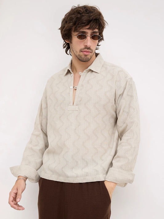 Ash Grey Intricate Crossweave Jacquard Loop Button Oversized Shirt