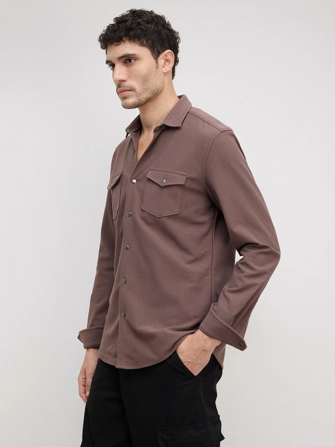 Dusty Brown Twin Flap Pocket Knitted Overshirt