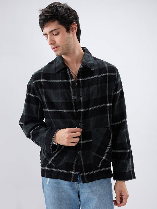 Black Flannel Plaid Checks Oversized Double Pocket Cropped Shacket