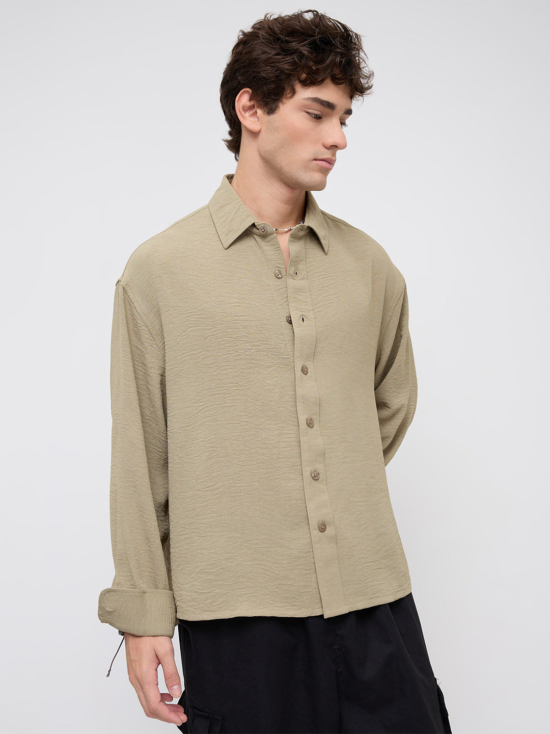 Plush Olive Lightweight Crinkled Boxy Fit Crop Shirt