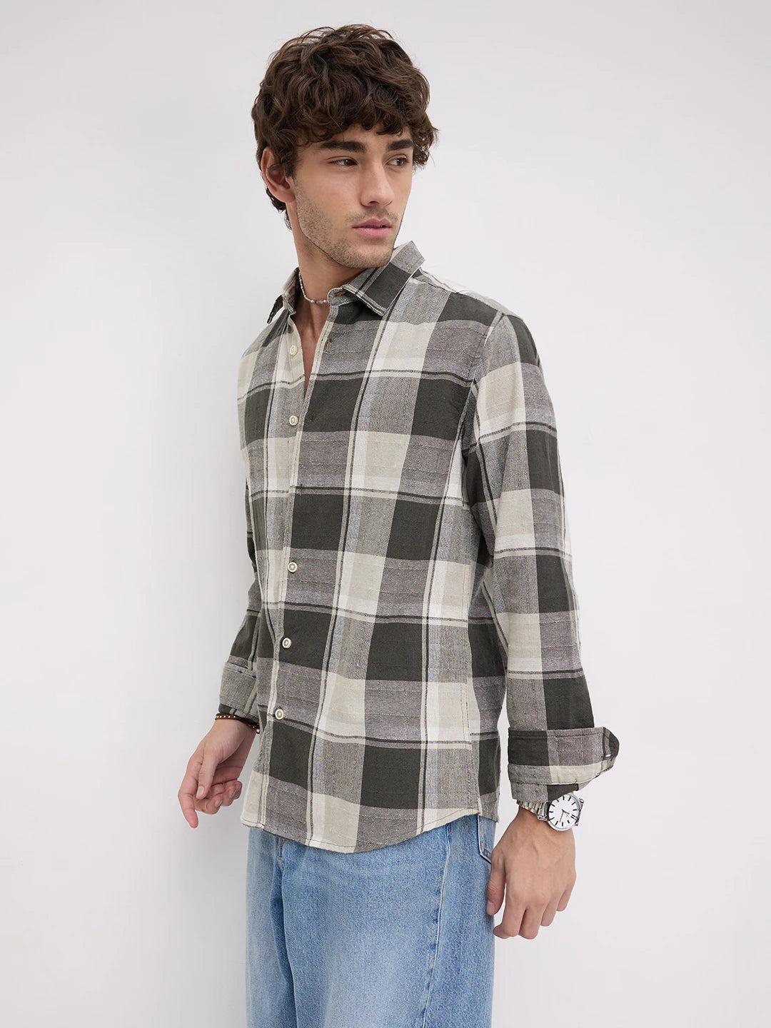 Dark Army Green Windowpane Checks Shirt