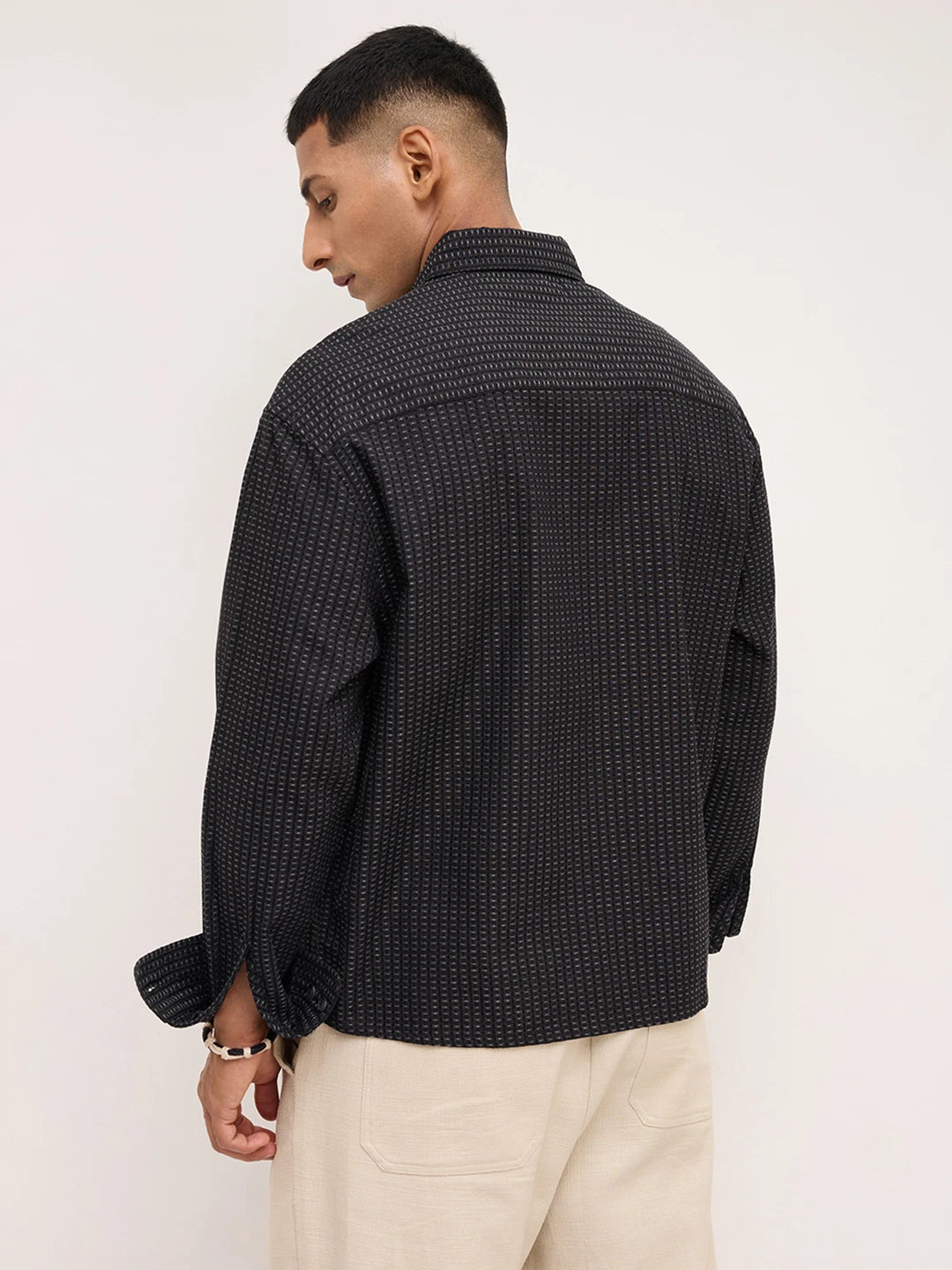 Denim Black Windowpane Textured Boxy Fit Crop Shirt