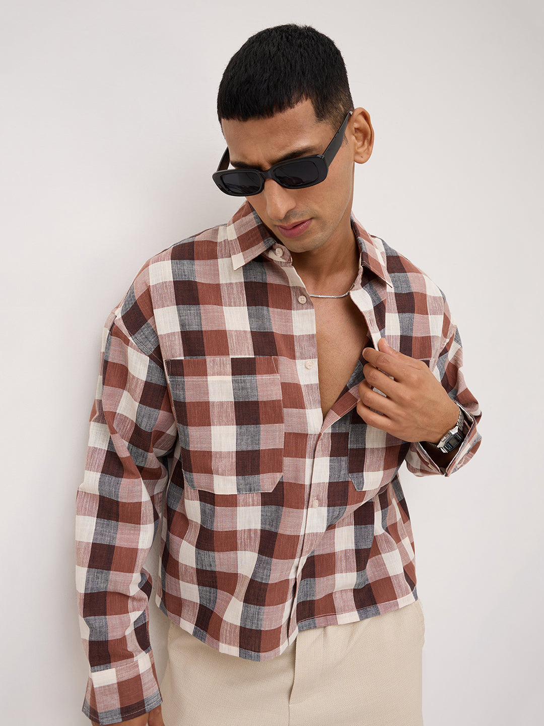 Elevated Maroon Block Checks Twin Pocket Boxy Fit Crop Shirt