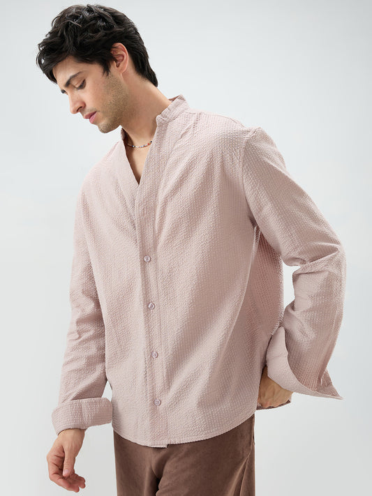 Taupe Beige Seersucker Striped Stand Collar Oversized Shirt