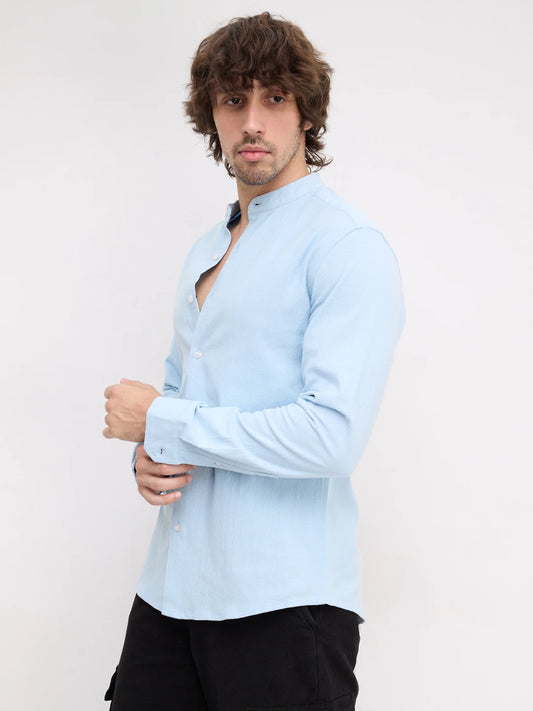 Refreshing Aqua Solid Blue Fine Mandarin Shirt